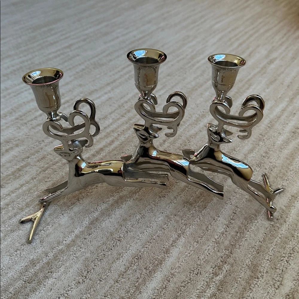 Like New: Christmas Chrome Silver Reindeer Candle Holder Trio Mantle Centerpiece